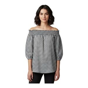 Max Studio Black White Buffalo Check Plaid Smocked Balloon Sleeve Blouse Top M